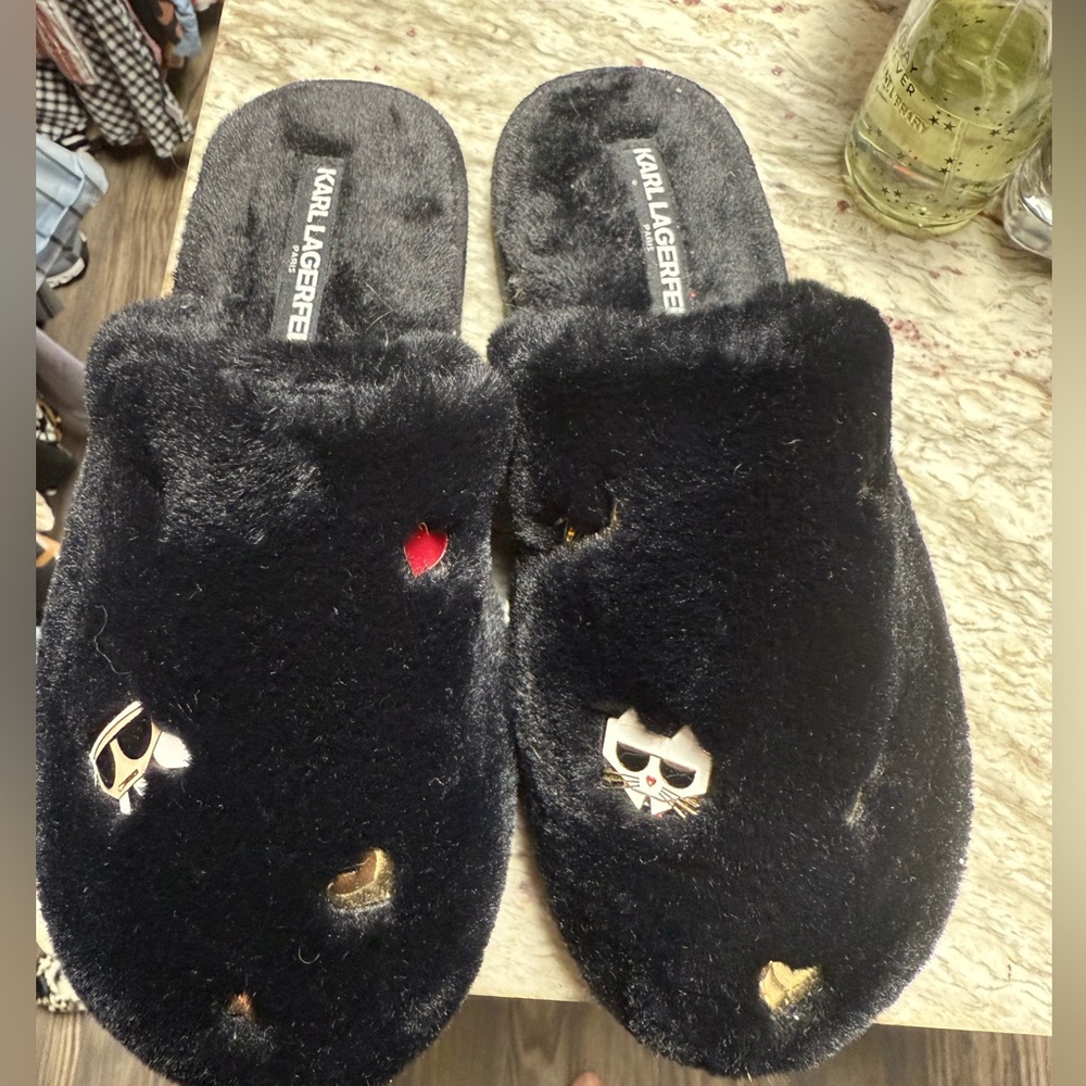 Karl Lagerfeld Black Fuzzy Slippers with Fun Accents